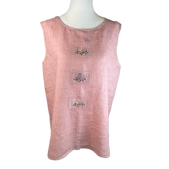 Linen Hemp Sleeveless Top Pink Embroidery Cottagecore Artsy Japanese M/L - Picture 1 of 14